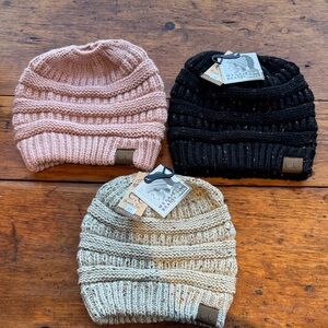 NWT C.C Cozy Knit Ponytail/Messy Bun Beanie Trio - Pink, Black, Tan